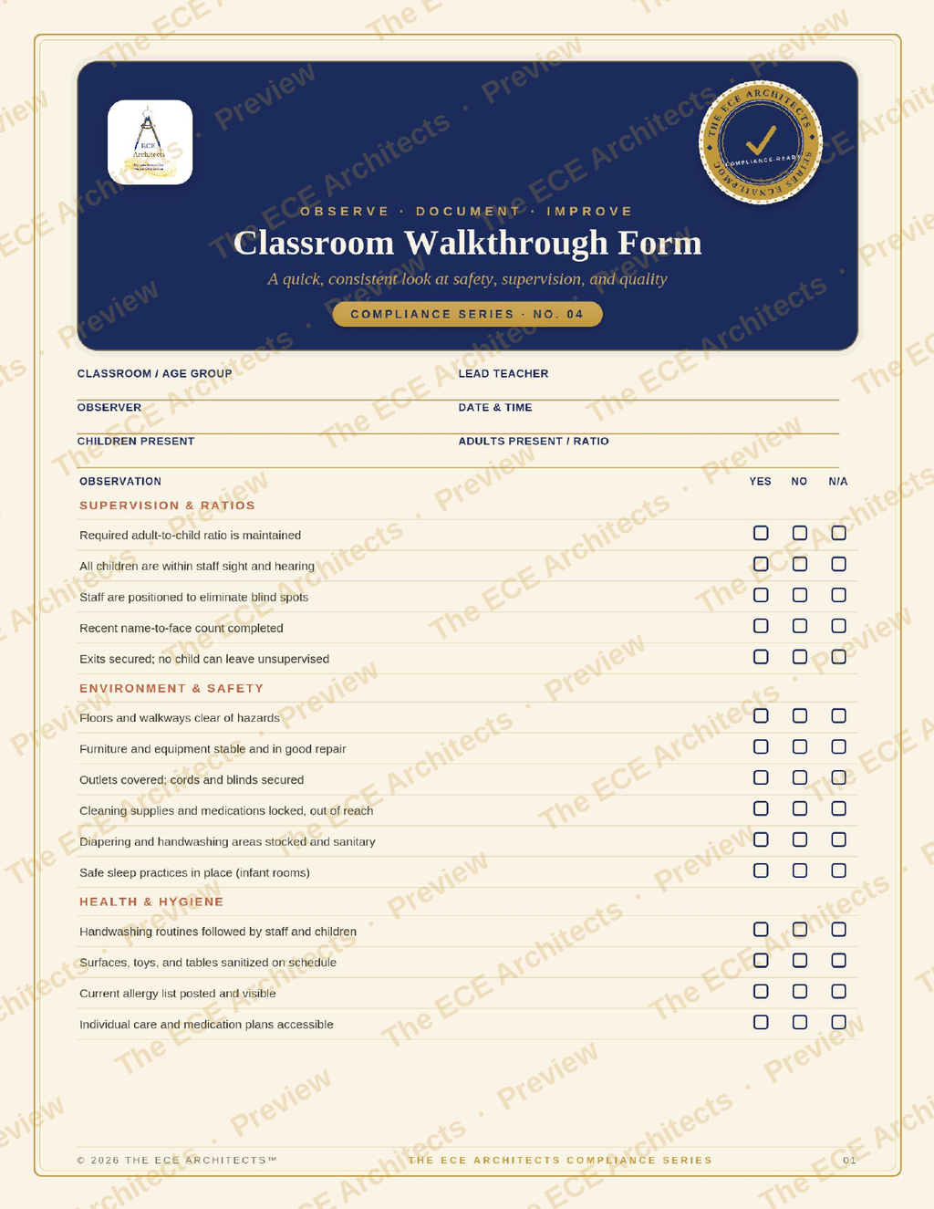 Classroom Walkthrough Form/The Compliance Series™ · Free