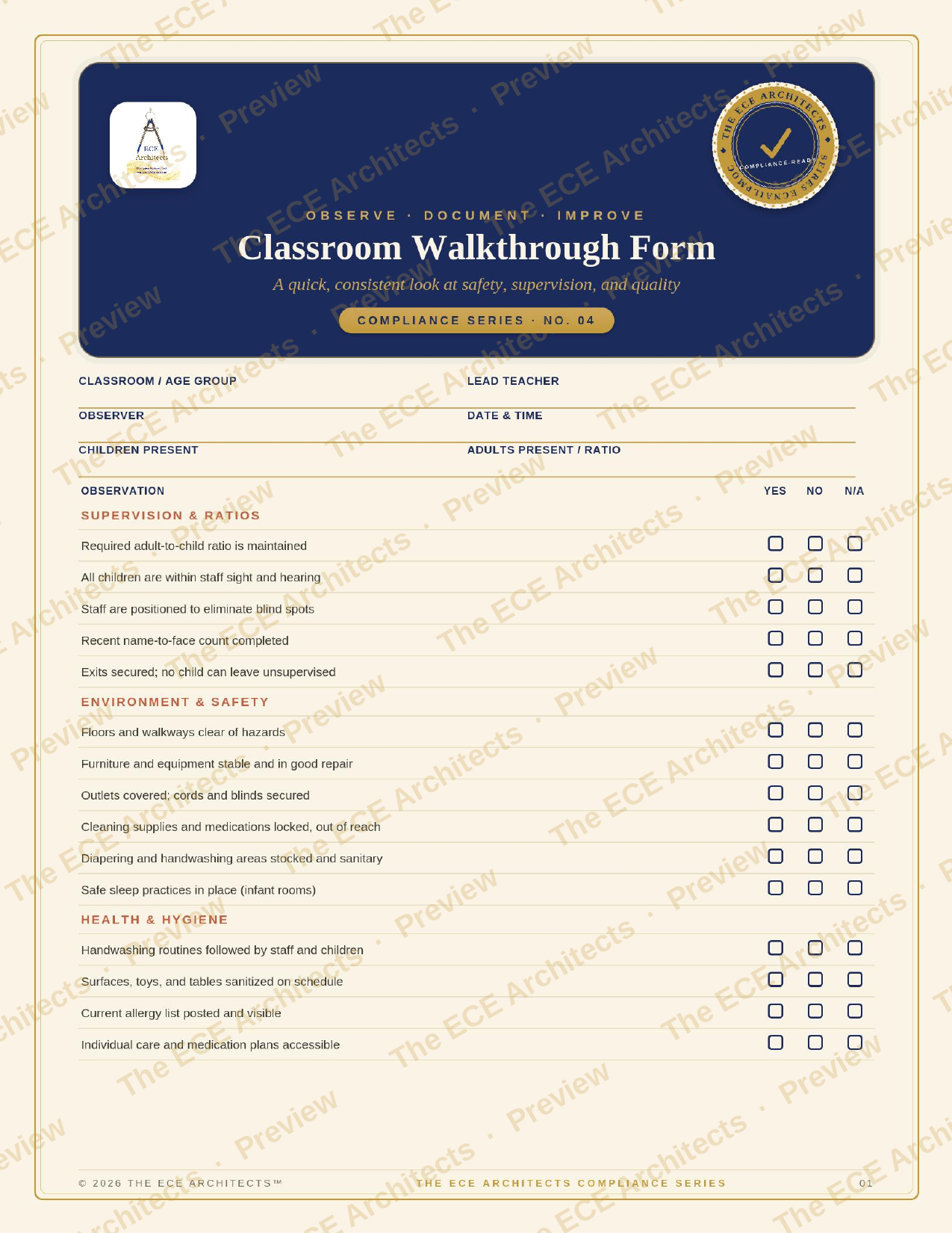 Classroom Walkthrough Form/The Compliance Series™ · Free